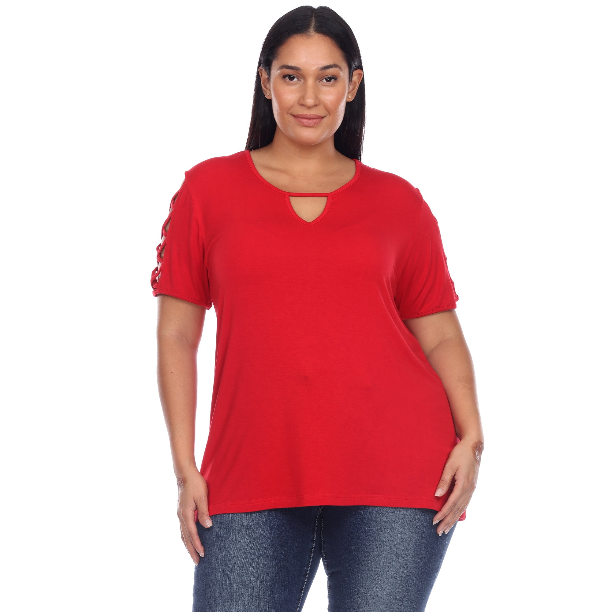 White Mark Women's Plus Size Keyhole Neck Short Crisscross Sleeve Shirt Top
