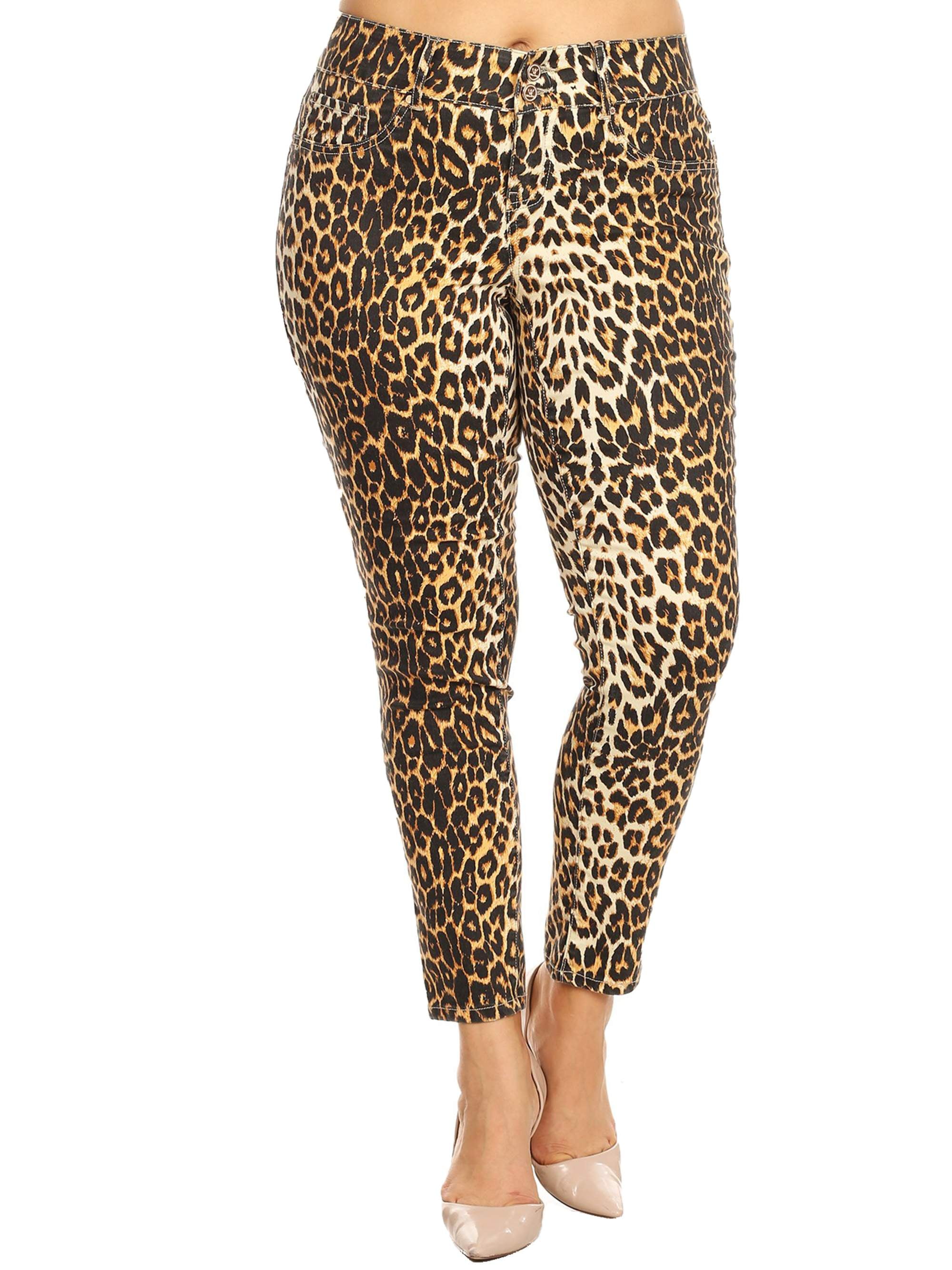 White Mark Women's Plus Size Leopard Print Denim Jeans 