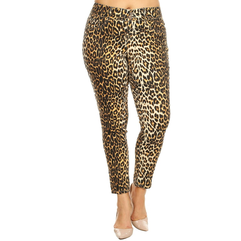 White Mark Women's Plus Size Leopard Paneled Denim Jeans