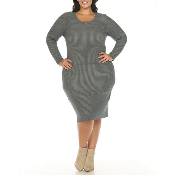 White Mark Women's Plus Size Long Sleeve Rib Midi Sweater Dress