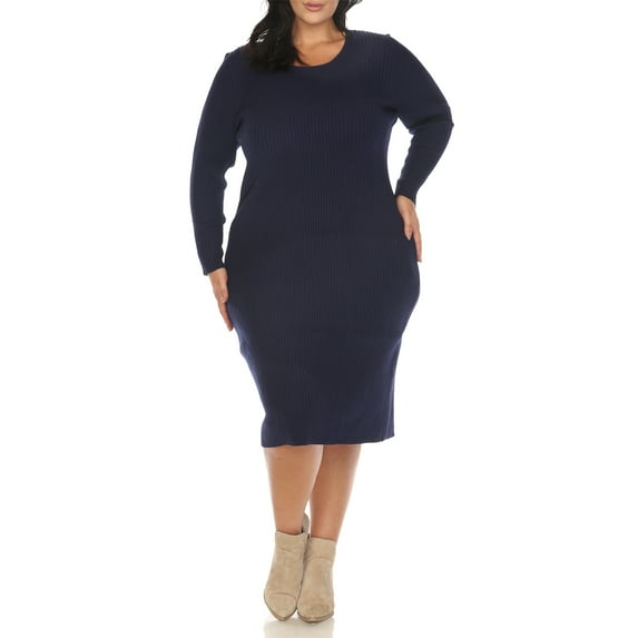 White Mark Women's Plus Size Long Sleeve Rib Midi Sweater Dress
