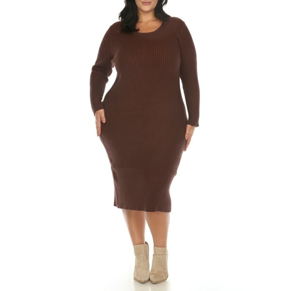 White Mark Women's Plus Size Long Sleeve Rib Midi Sweater Dress