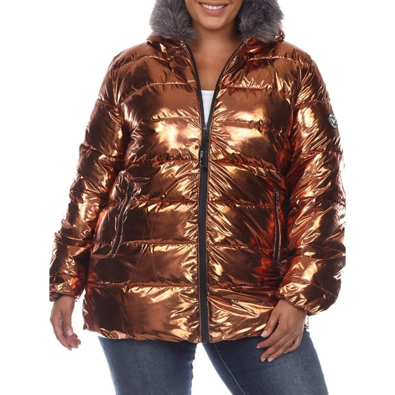 White Mark Women's Plus Size Metallic Hooded Puffer Coat