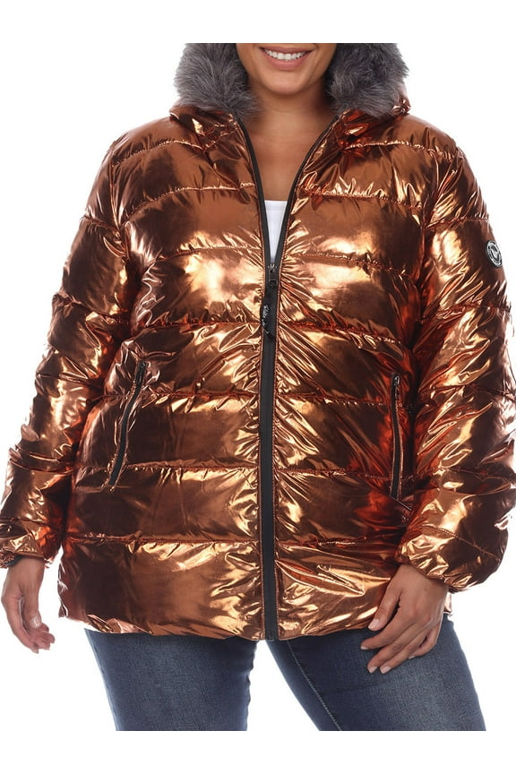 Women's Plus Size Metallic Hooded Puffer Coat