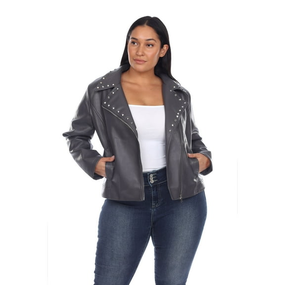 White Mark Women's Plus Size PU Faux Leather Studded Jacket