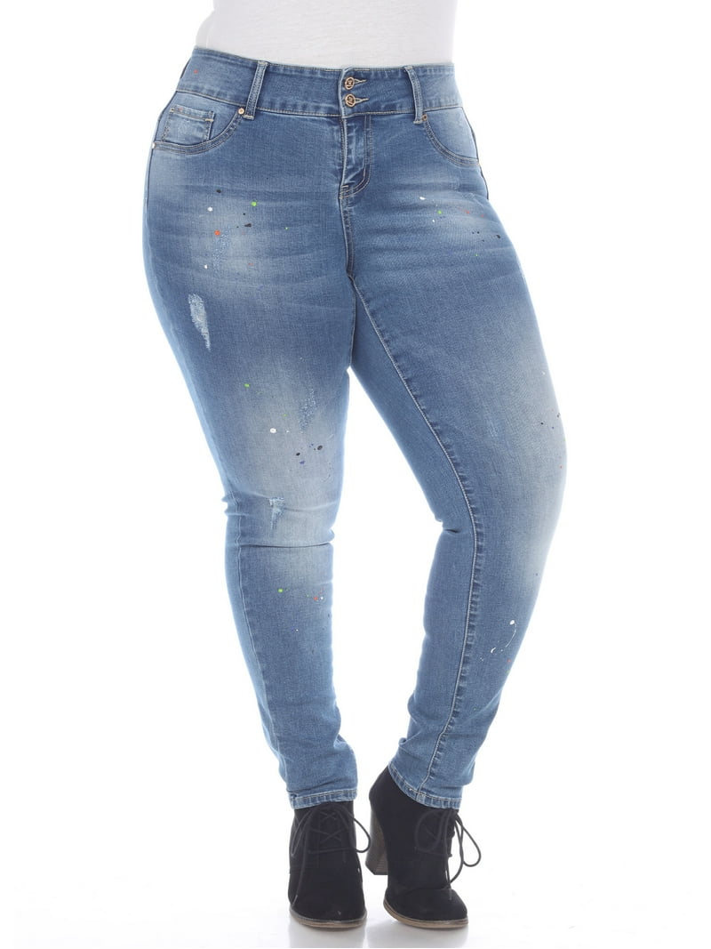 White Mark Women's Plus Size Paint Splatter Denim Skinny