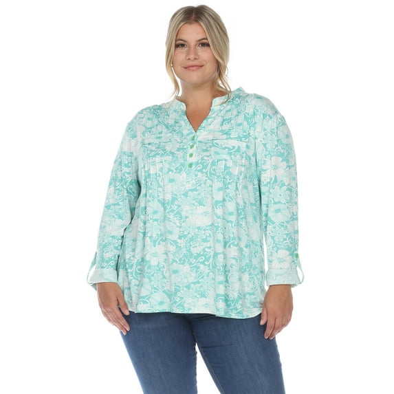 White Mark Women's Plus Size Pleated 3/4 Sleeve Floral Print Blouse