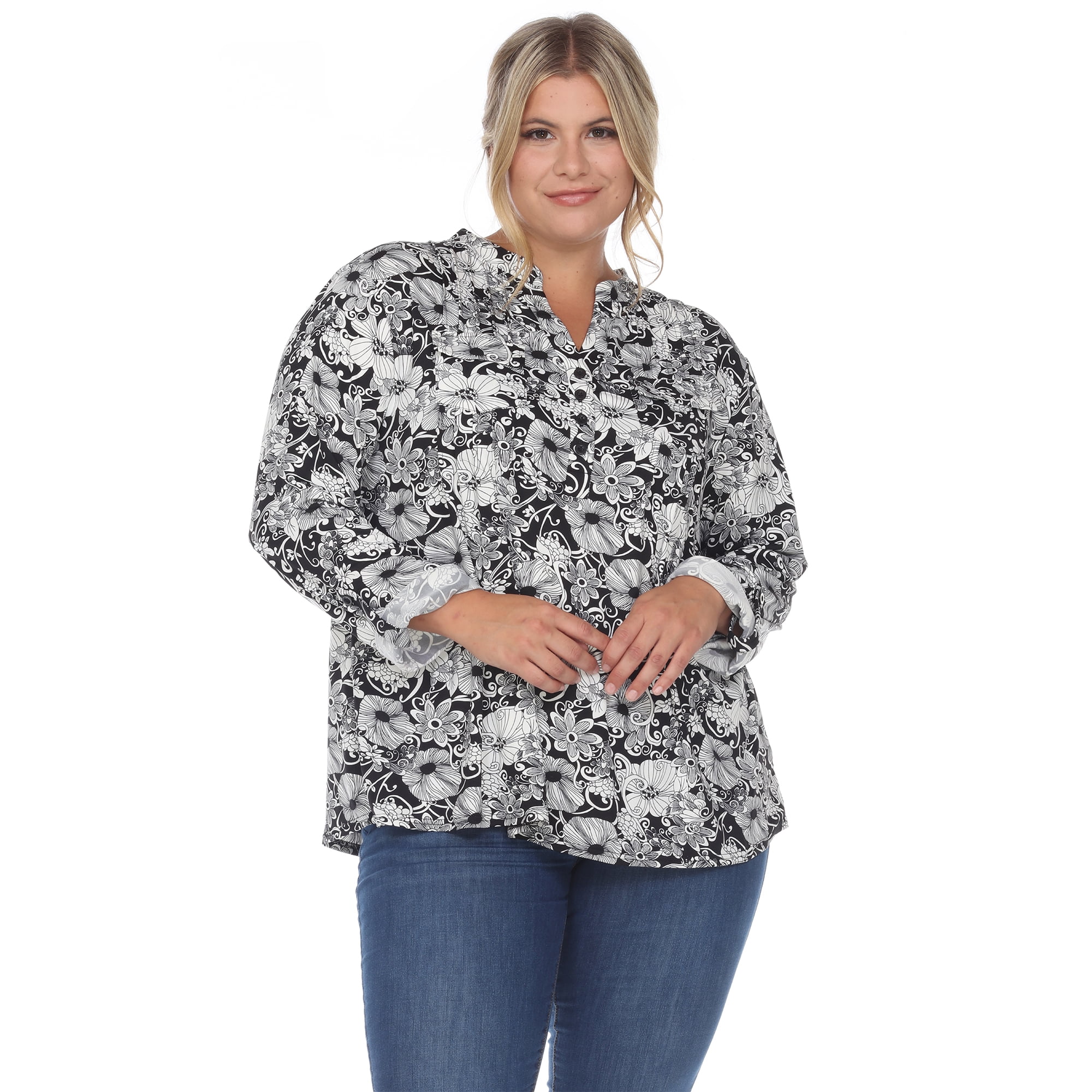 White Mark Women's Plus Size Pleated 3/4 Sleeve Floral Print Blouse