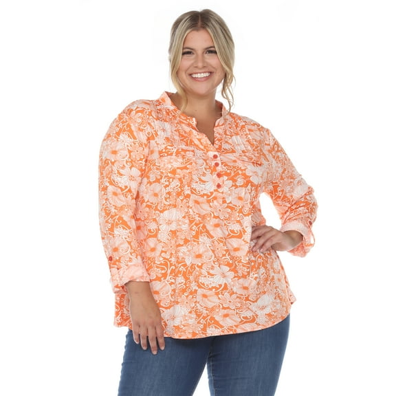 White Mark Women's Plus Size Pleated 3/4 Sleeve Floral Print Blouse