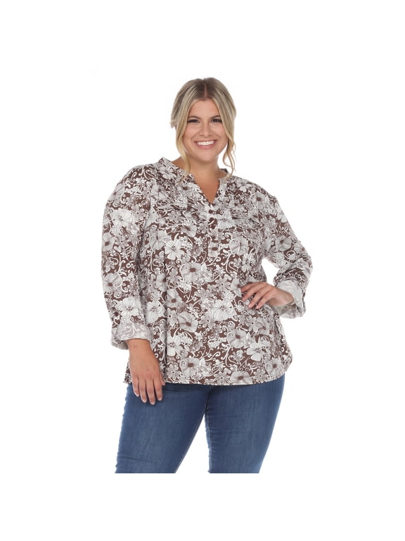 Women's Plus Size Pleated 3/4 Sleeve Floral Print Blouse