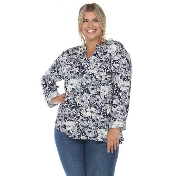 White Mark Women's Plus Size Pleated 3/4 Sleeve Floral Print Blouse