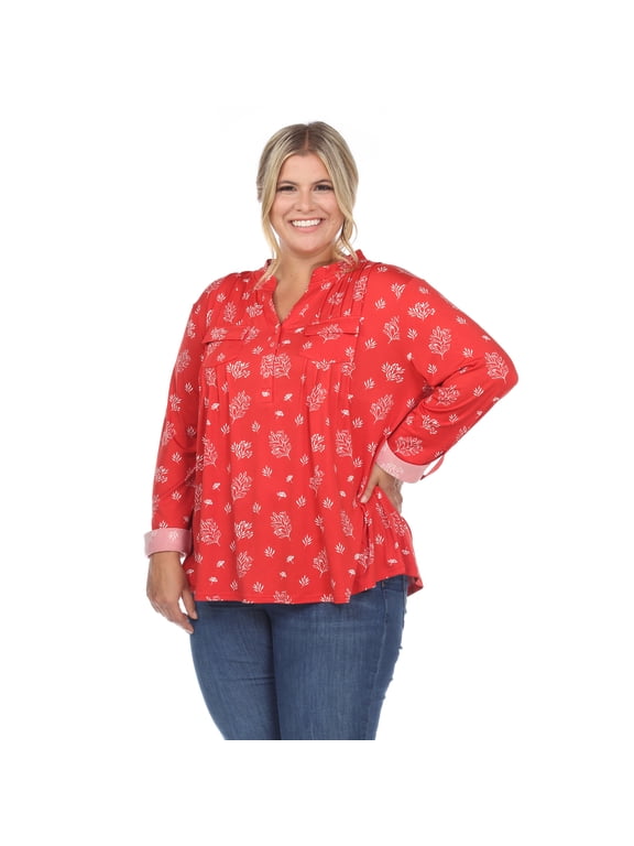 Women's Plus Size Pleated 3/4 Sleeve Leaf Print Blouse
