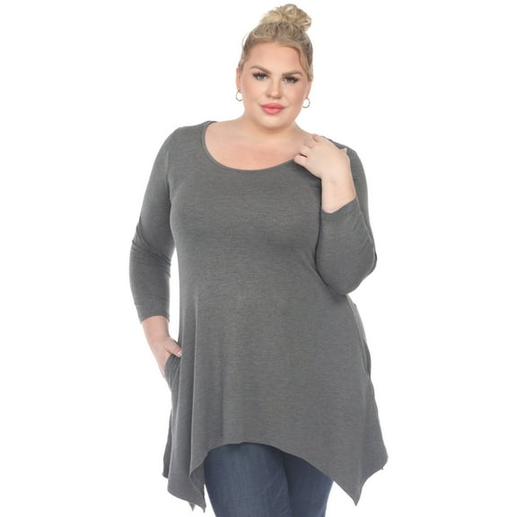 White Mark Women's Plus Size Quarter Sleeve Solid Sharkbite Tunic Top