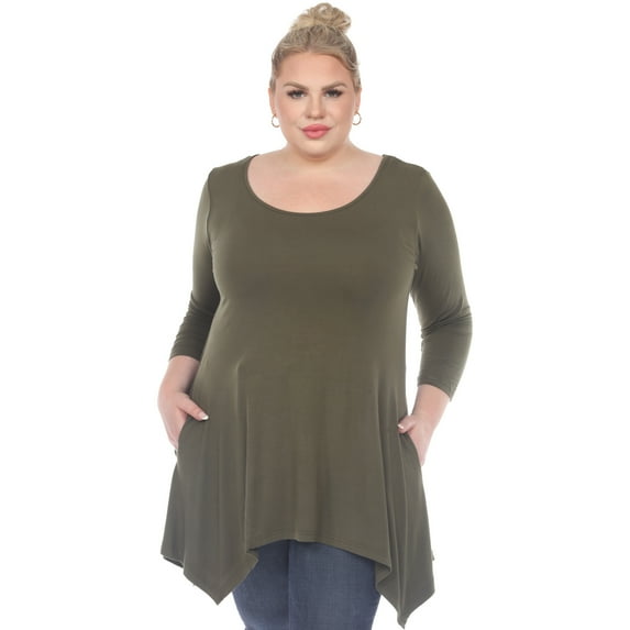 White Mark Women's Plus Size Quarter Sleeve Solid Sharkbite Tunic Top