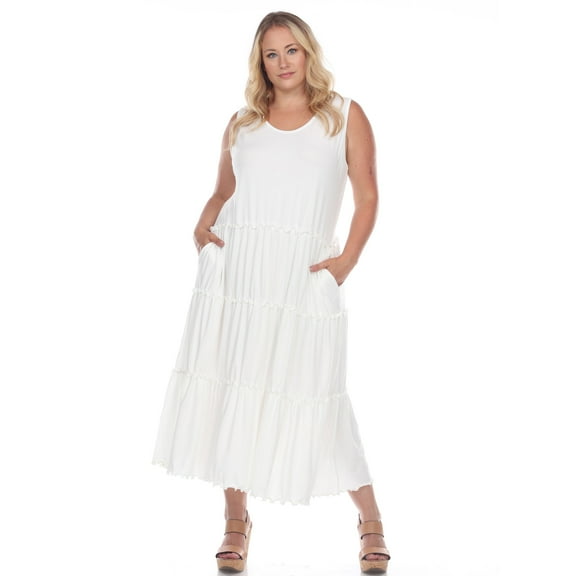White Mark Women's Plus Size Scoop Neck Tiered Midi Dress