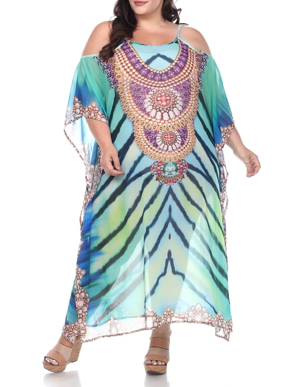 Women's Plus Size Sheer Caftan Dress with Tie-up Neckline