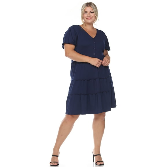 White Mark Women's Plus Size Short Sleeve V-Neck Tiered Dress