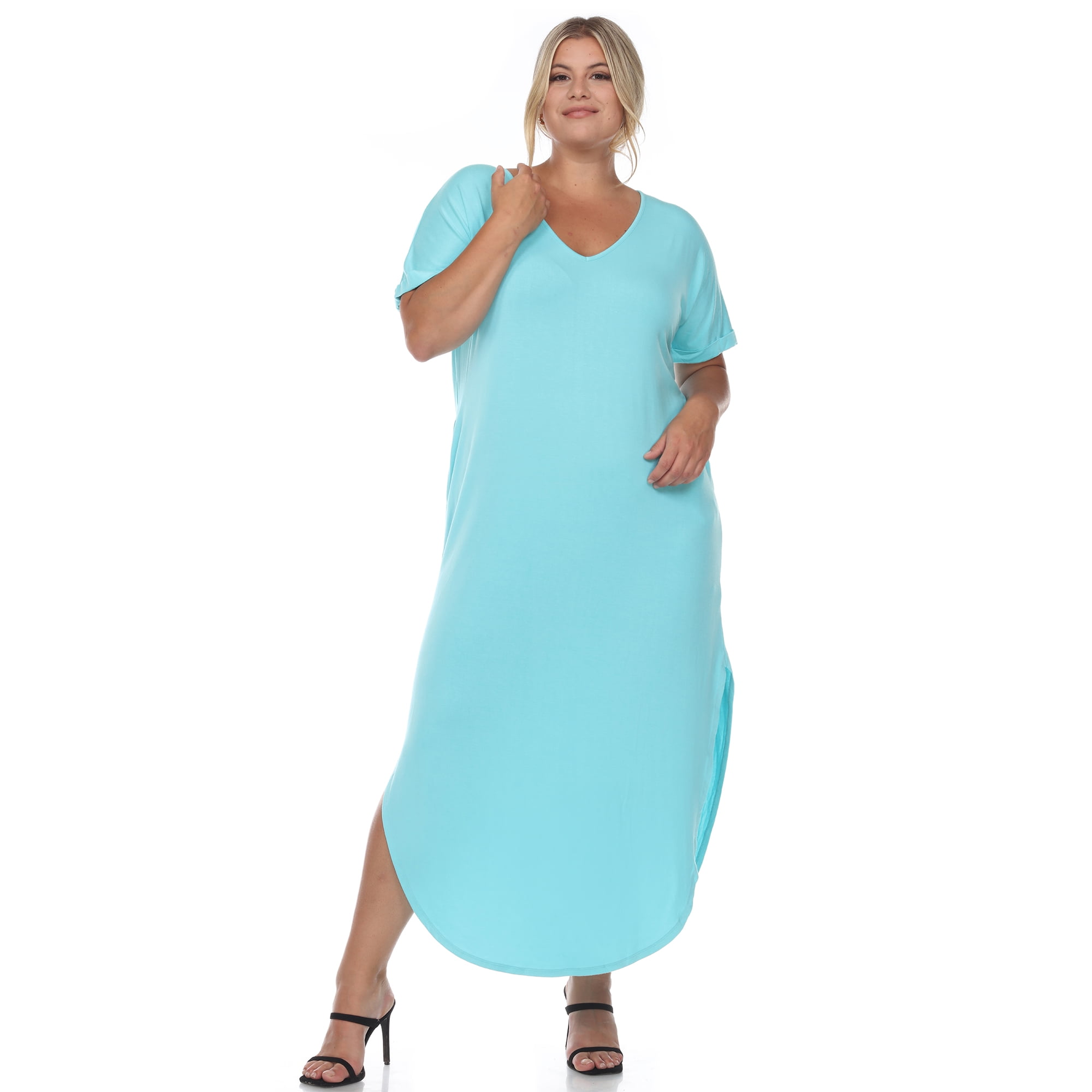 White Mark Women's Plus Size Short Sleeve Vneck Tshirt Maxi Dress with Pockets