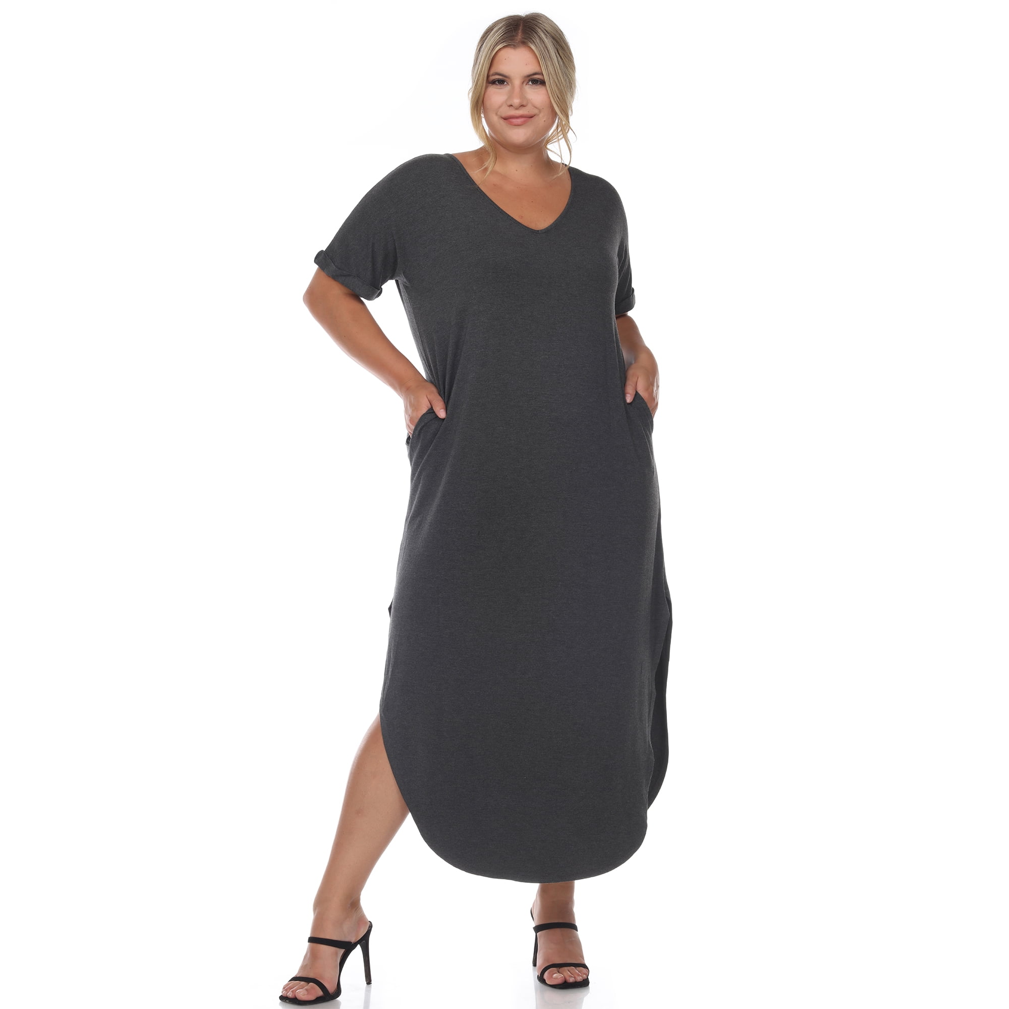 White Women's Plus Size Short Sleeve V-neck T-shirt Maxi Dress with Pockets - Walmart.com