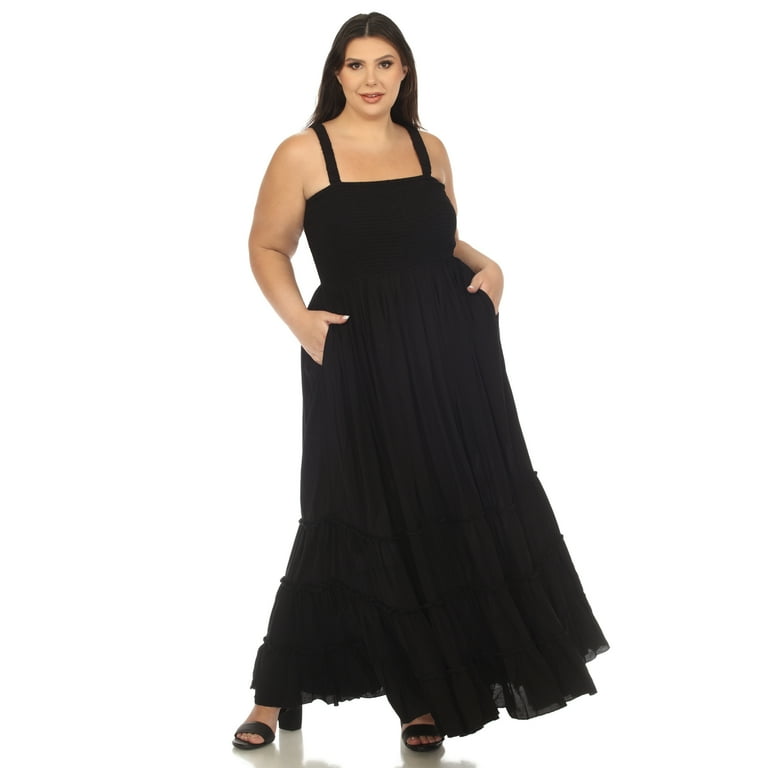 green emerald velvet dress Plus Size Solid Color Smocked Maxi Dress in Dark Green