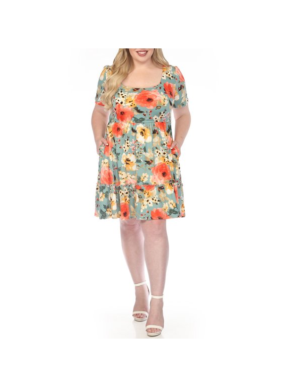 Women's Plus Size Square Neck Short Sleeve Floral Dress