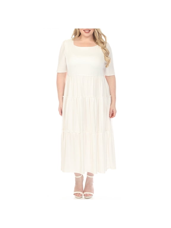 Women's Plus Size Square Neck Short Sleeve Tiered Maxi Dress