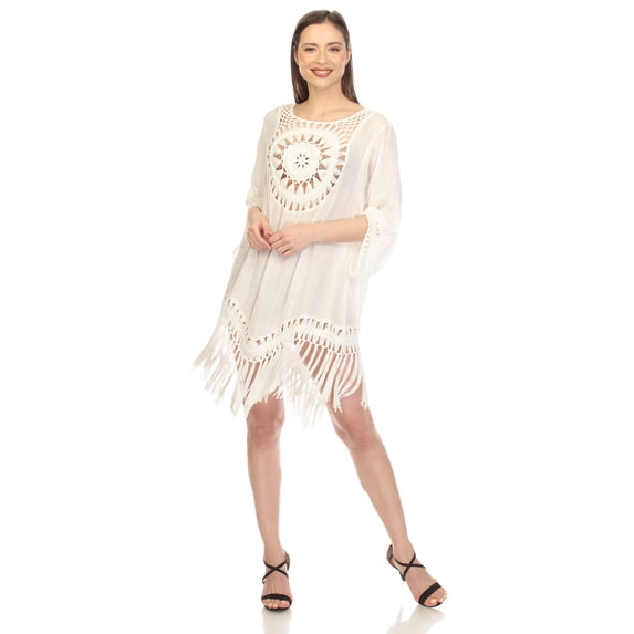 White Mark Women's Sheer Crochet Fringe Cover-Up