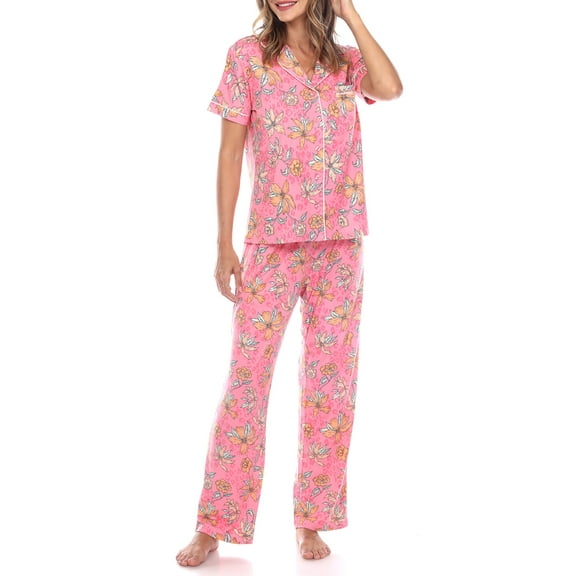 White Mark Women's Short Sleeve & Pants Tropical Pajama Set