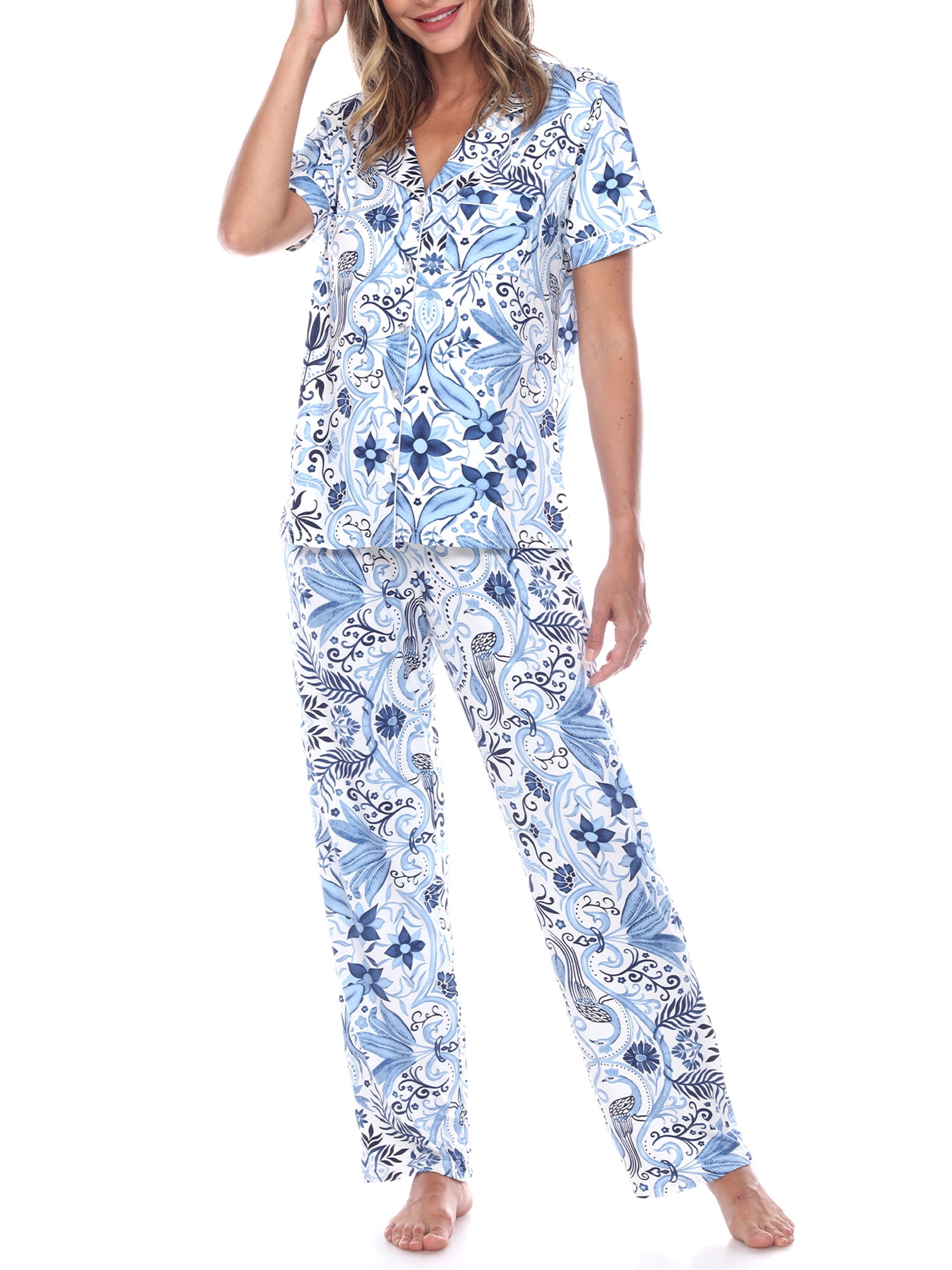 White Mark Women s Short Sleeve Pants Tropical Pajama Set Walmart Business Supplies