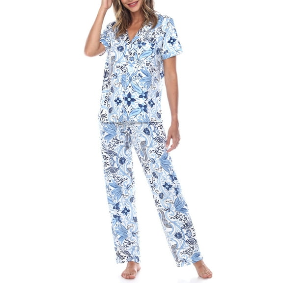 White Mark Women's Short Sleeve & Pants Tropical Pajama Set
