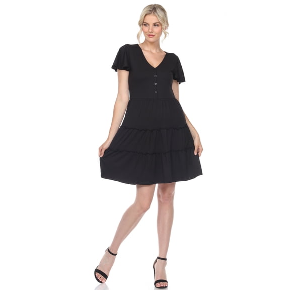 White Mark Women's Short Sleeve V-neck Tiered Dress