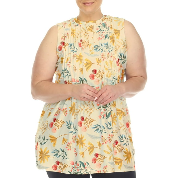 White Mark Women's Sleeveless Floral Pleated Tunic Top with Pockets