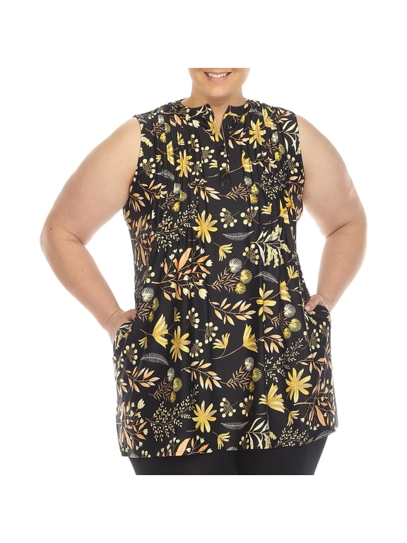 Women's Sleeveless Floral Pleated Tunic Top with Pockets