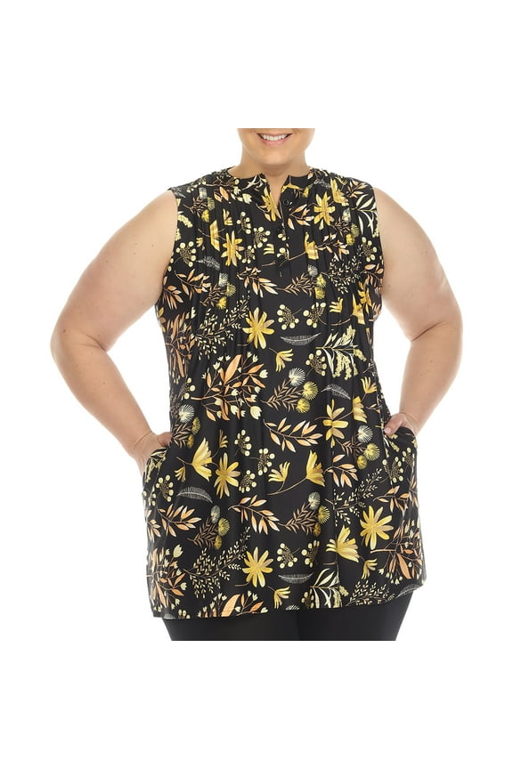 Women's Sleeveless Floral Pleated Tunic Top with Pockets