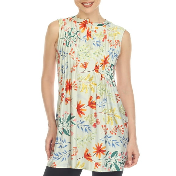 White Mark Women's Sleeveless Floral Pleated Tunic Top with Pockets