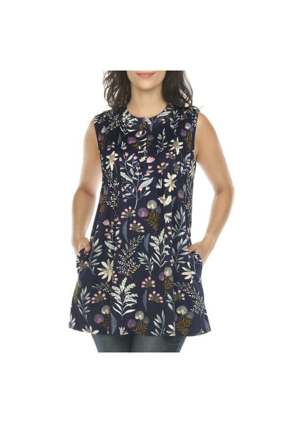 Women's Sleeveless Floral Pleated Tunic Top with Pockets