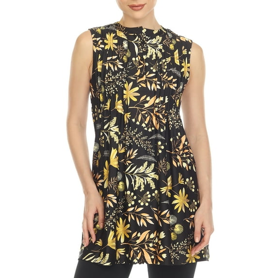 White Mark Women's Sleeveless Floral Pleated Tunic Top with Pockets