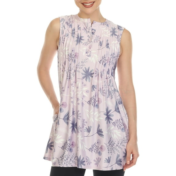 White Mark Women's Sleeveless Floral Pleated Tunic Top with Pockets