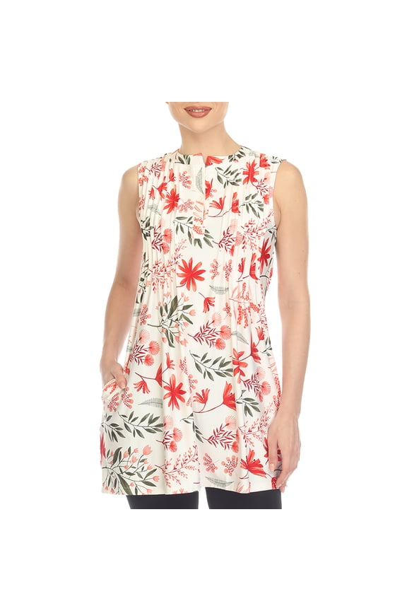 Women's Sleeveless Floral Pleated Tunic Top with Pockets