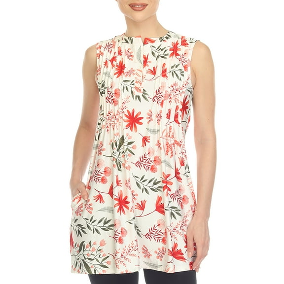 White Mark Women's Sleeveless Floral Pleated Tunic Top with Pockets