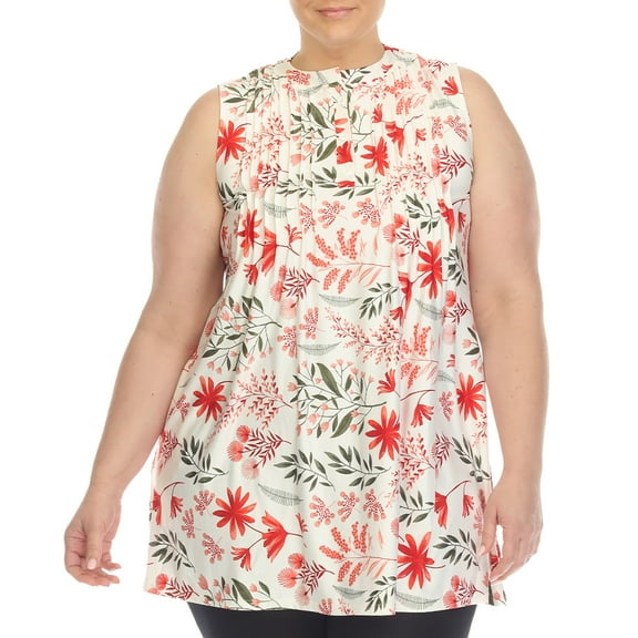 White Mark Women's Sleeveless Floral Pleated Tunic Top with Pockets