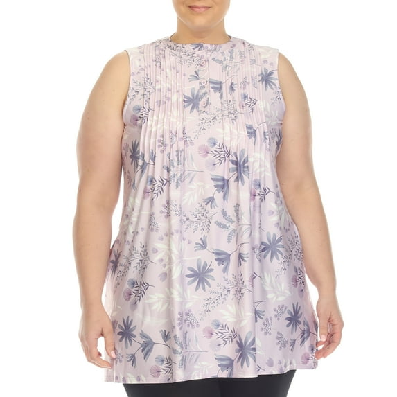 White Mark Women's Sleeveless Floral Pleated Tunic Top with Pockets