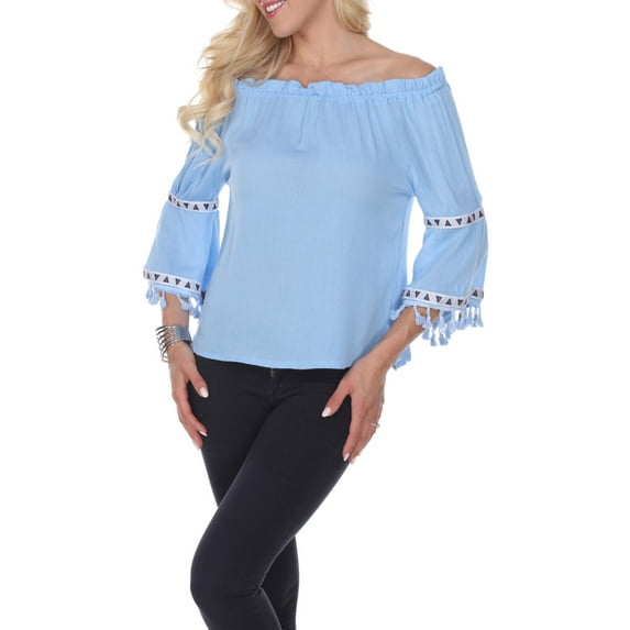 White Mark Women's Smocked Neckline Peasant Top with Pom Pom Trim