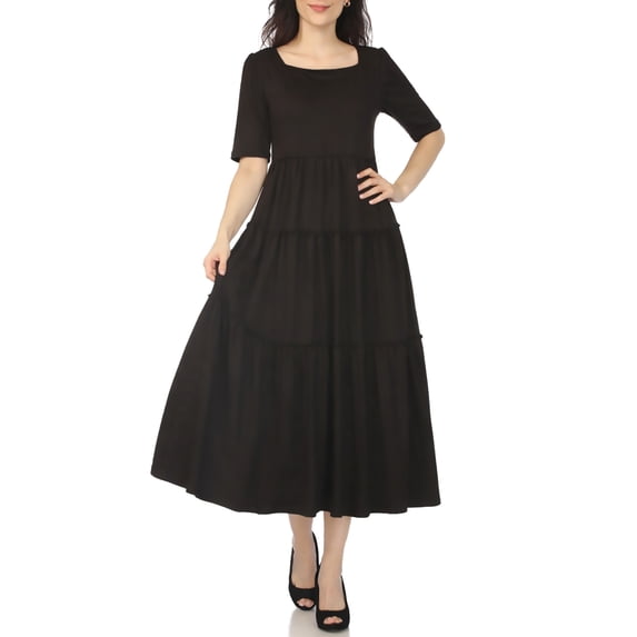 White Mark Women's Square Neck Short Sleeve Tiered Maxi Dress
