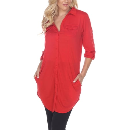 White Mark Womens Button-Down Adjustable Sleeves Tunic Top
