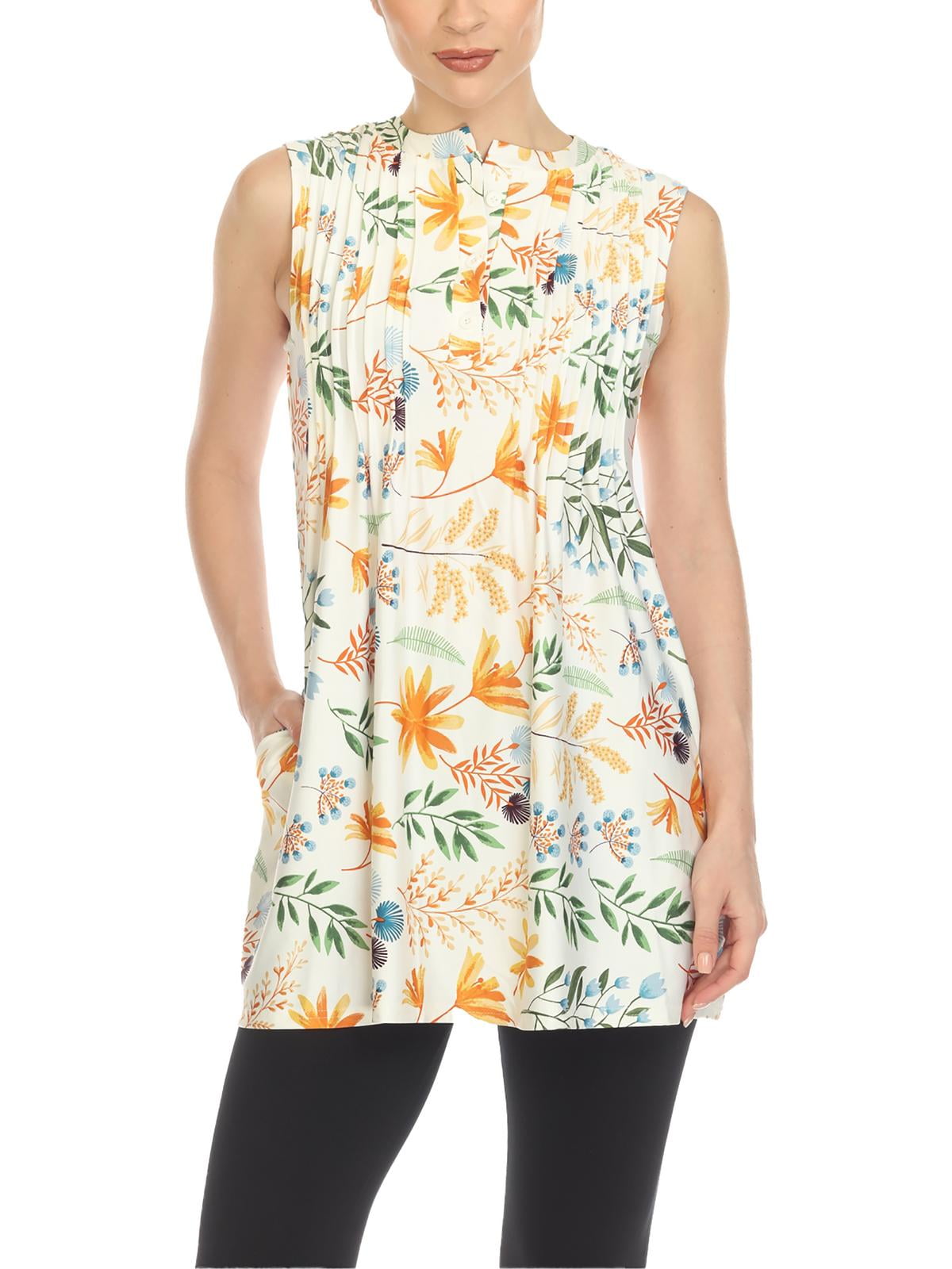 White Mark Women's Sleeveless Floral Pleated Tunic Top with Pockets