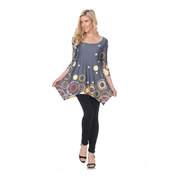 White Mark Womens Gray Pocketed Asymmetric Hem Printed 3/4 Sleeve Scoop Neck Tunic Top L