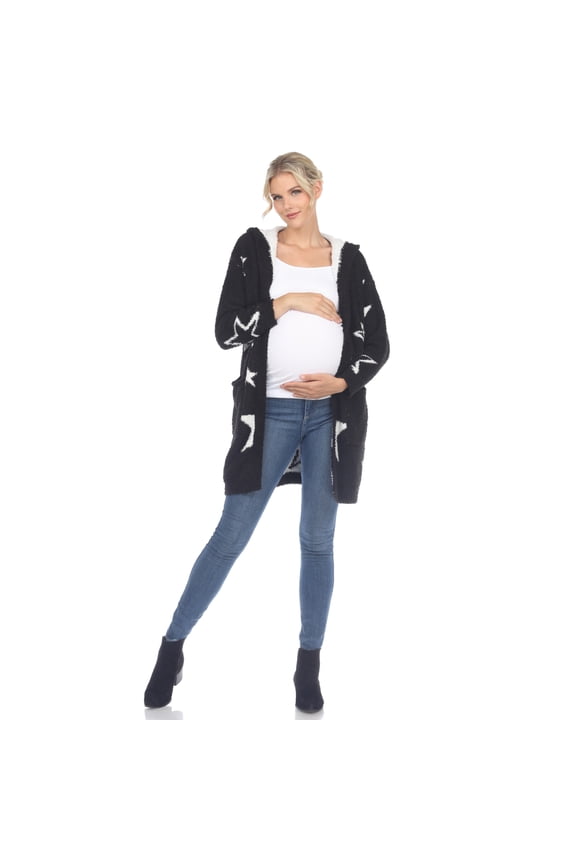 Women's Maternity Star Print Hooded Open Front Sherpa Coat