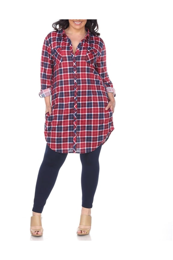 Womens Plus Plaid Button Down Tunic Top