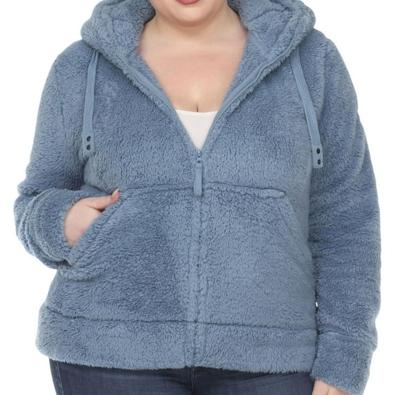 White Mark Womens Sherpa Hooded Fleece Jacket, Blue, Plus Size, 2X